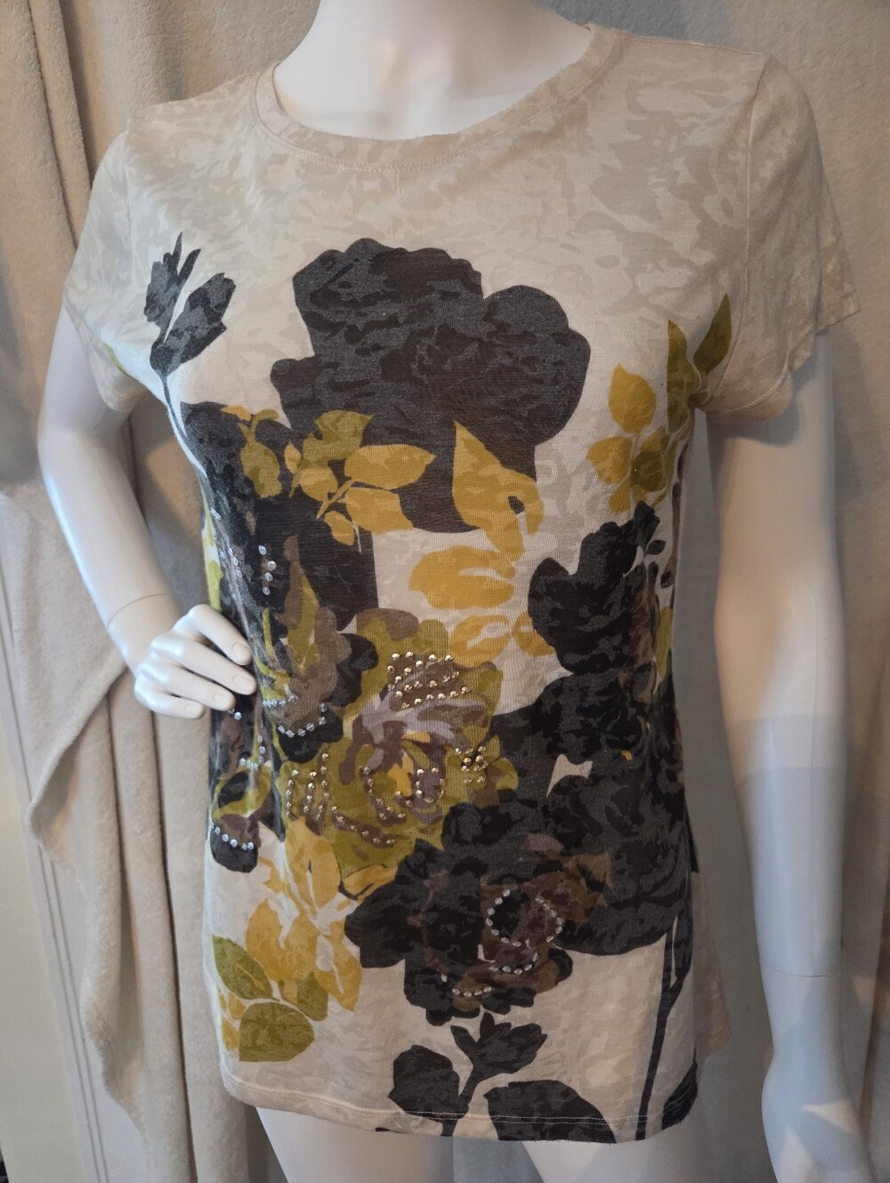 INC International Concepts Short Sleeve Tee with Yellow & Brown Floral Print